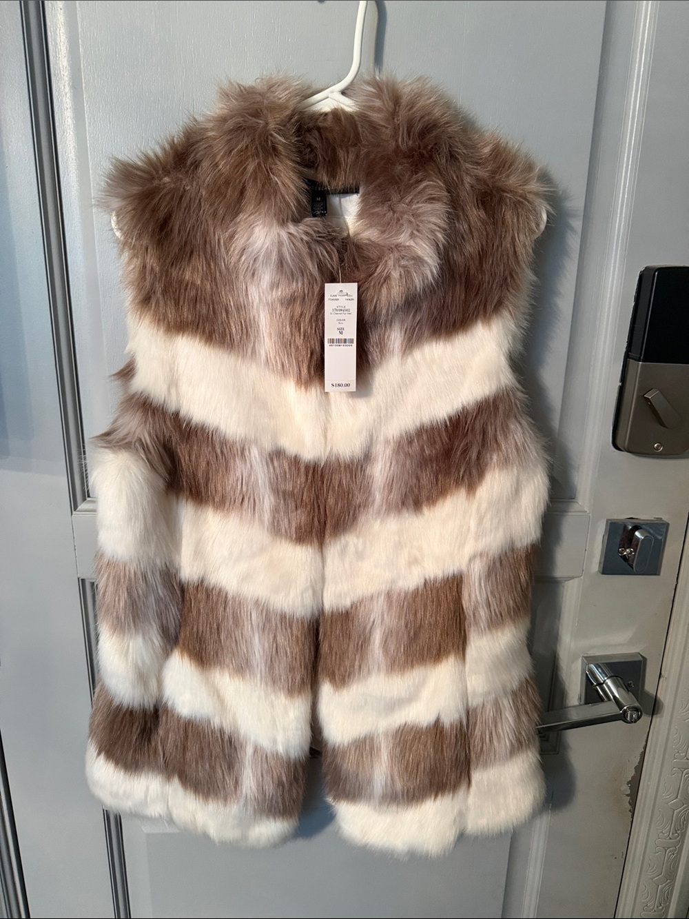 White House Black Market Brown and Cream Striped Faux Fur Vest